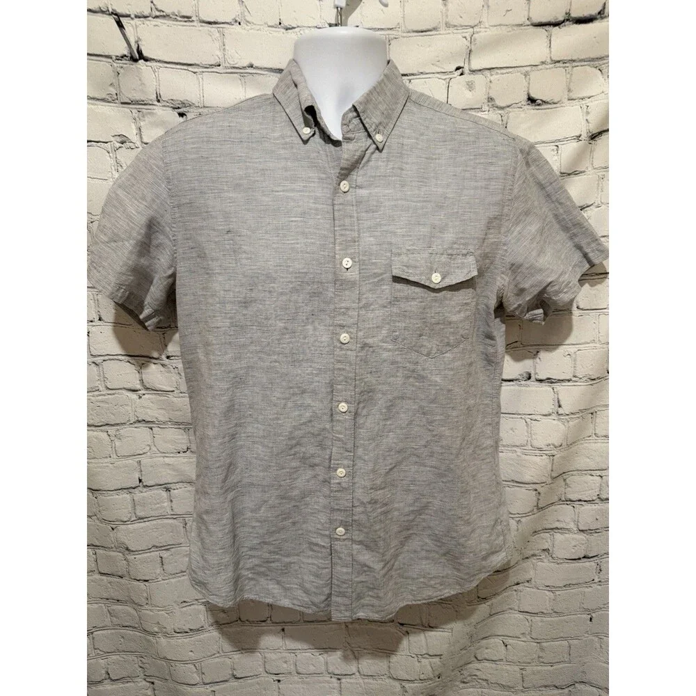 J Crew Linen Short Sleeve Shirt Mens Medium Classic Fit Baird McNutt Blue Irish